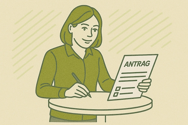 Eine Graphik von einer Frau, die einen Antrag ausfüllt.