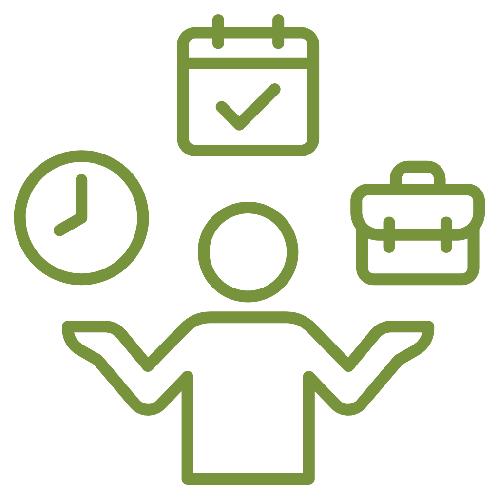 Ein grünes Icon zeigt eine Person mit einer Uhr, einem Kalender und einer Reisetasche.