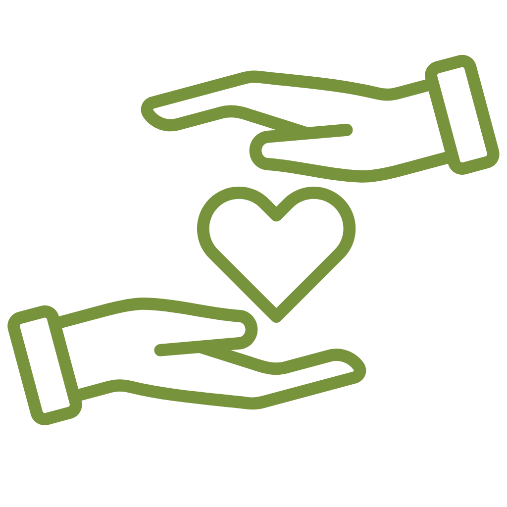 Ein grünes Icon mit zwei Händen hält in der Mitte ein Herz.