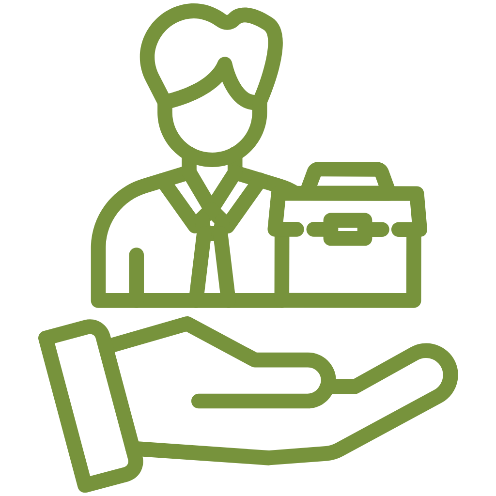 Ein grünes Icon zeigt unten eine Hand und darüber ein Mann mit einer Aktentasche.