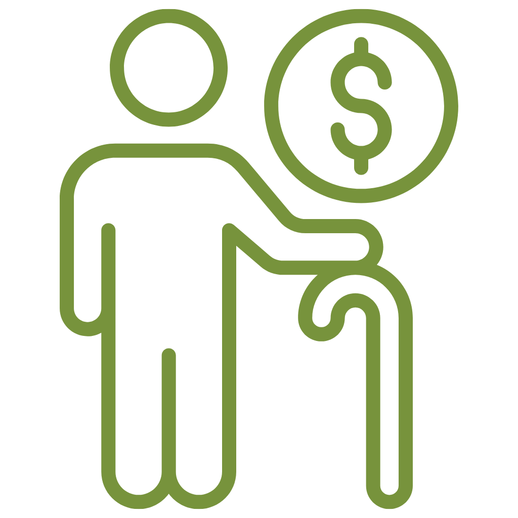 Ein grünes Icon zeigt mit einer Person mit Gehstock und einem Dollarzeichen die Altersvorsorge.
