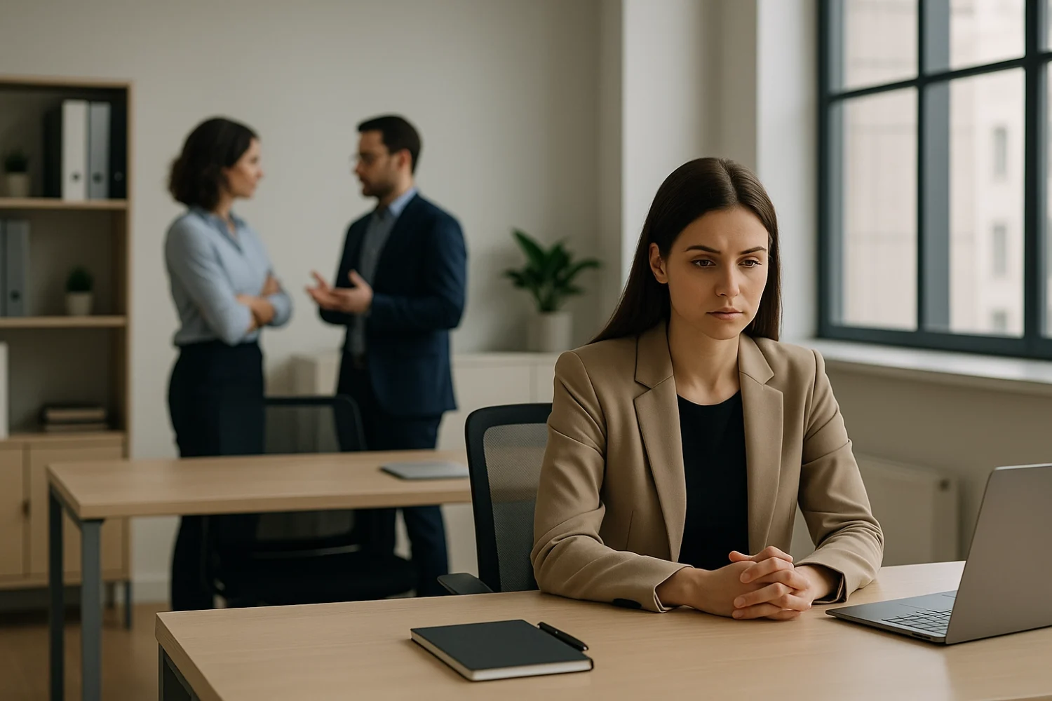 Eine Frau im braunen Blazer in einem modernen Büro, sitzt vor ihrem Laptop, während sich im Hintergrund ein Mann und eine Frau sich über ein Fehlverhalten unterhalten.