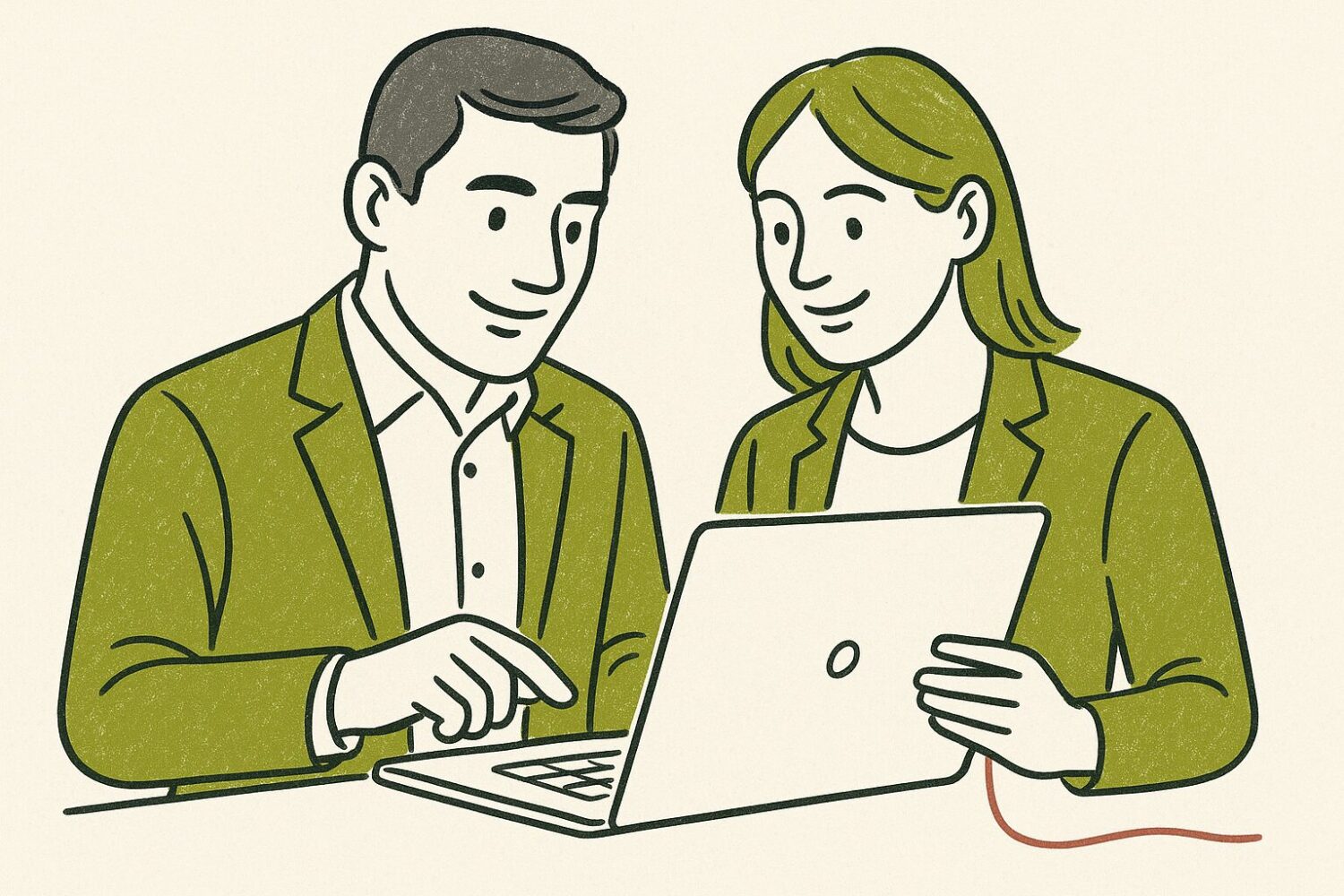 Zeichnung einer Frau und eines Mannes, die zusammen auf einen Laptop schauen, der Mann tippt etwas ein.