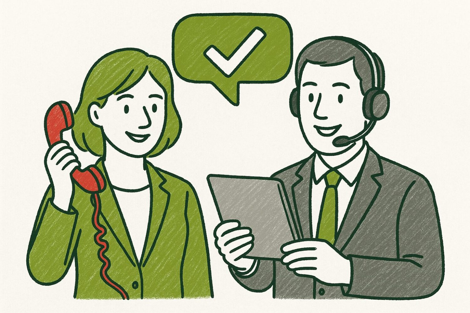 Zeichnung einer Frau und eines Mannes, die Frau in grün hat ein rotes Telefon in der Hand. Der Mann in grau trägt eine grüne Krawatte. Darüber ist ein weißer Haken im grünen Bereich.