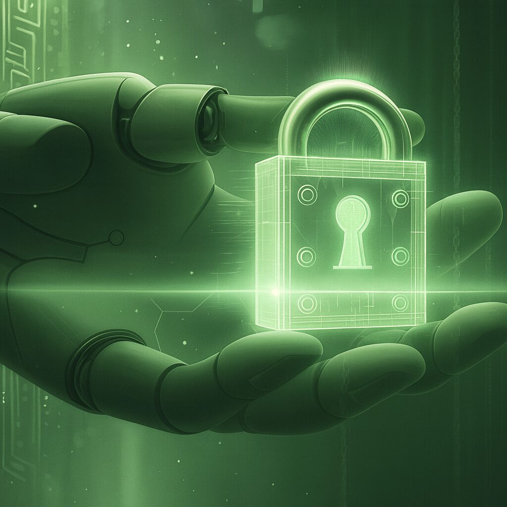 Ein grünes Bild von einer künstlichen Hand, die ein Schloss in der Hand hält.