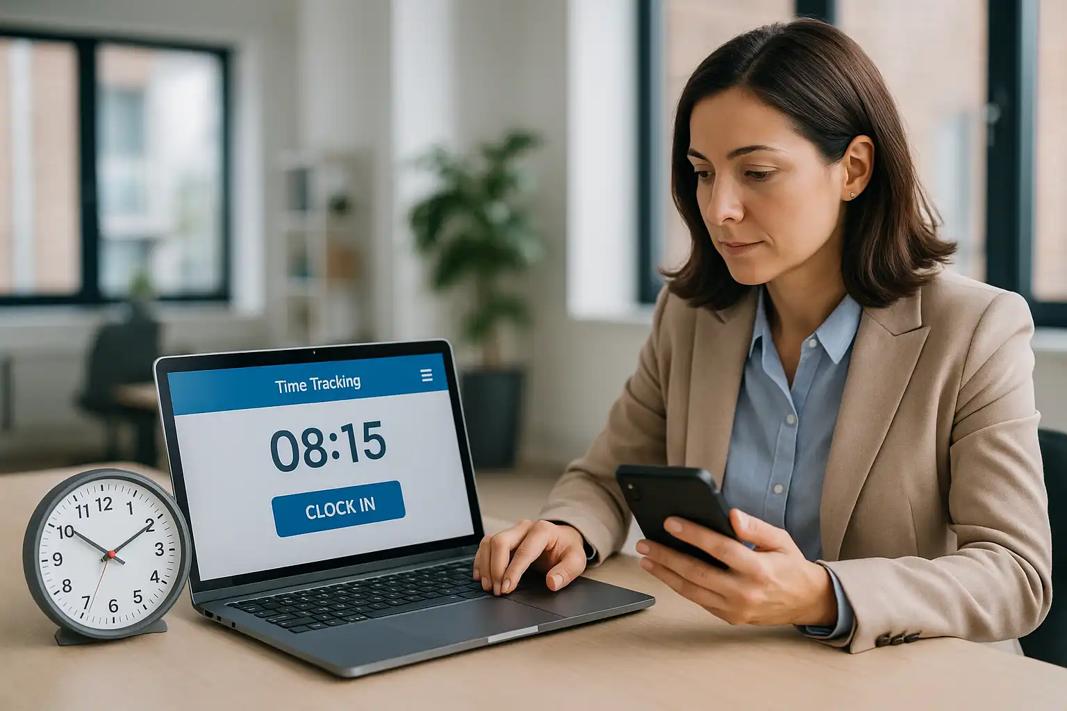 Frau im Büro, Laptop mit Zeiterfassung, Uhr, modernes Büro