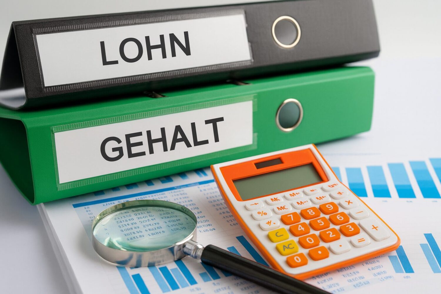 Zwei Ordner liegen auf einem Tisch. Ein schwazer Ordner mit der Aufschrift Lohn und darunter ein grüner Ordner mit der Aufschrift Gehalt. Davor liegt eine Lupe und ein oranger Taschenrechner.