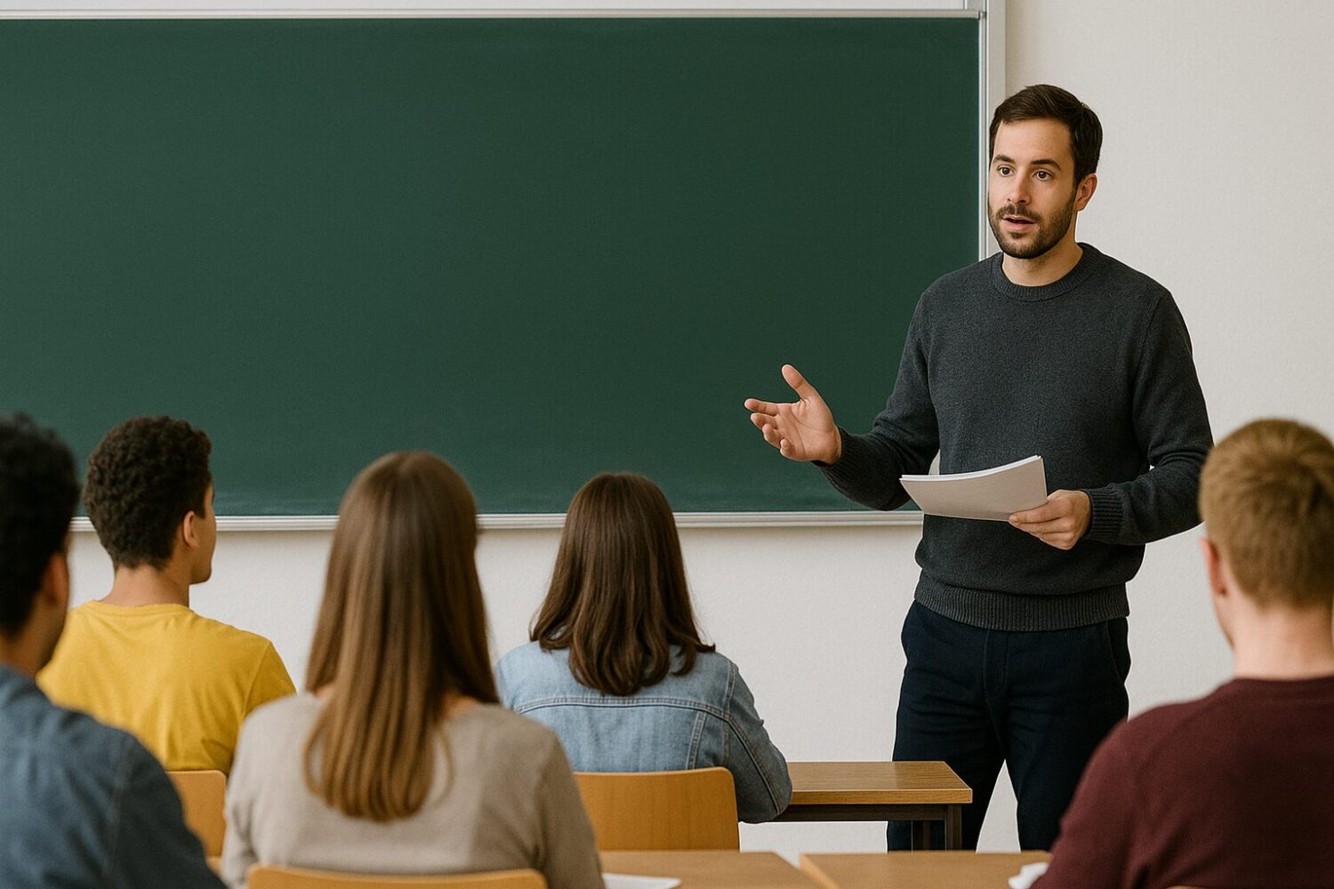 Lehrer mit Papier in der Hand steht vor seiner Schulklasse und erklärt etwas.