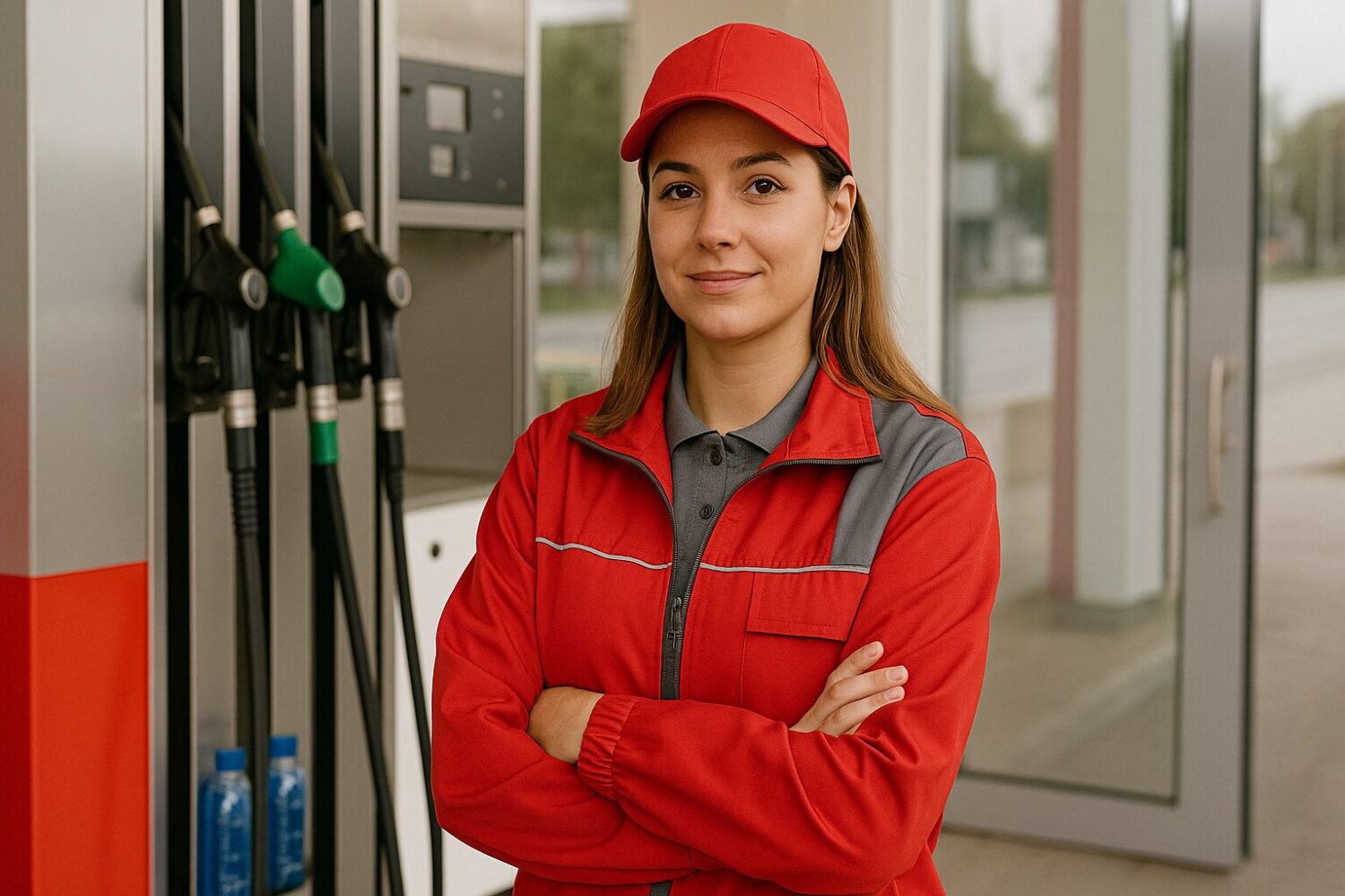 Eine Tankstellen Mitarbeiterin in roter Kleidung und Basecap steht vor einer Tanksäule.