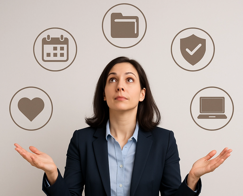 Eine dunkelhaarige Frau in schwarzen Blaser und hellblauer Bluse jongliert mit Icons, die den Alltag in HR-Teams darstellen