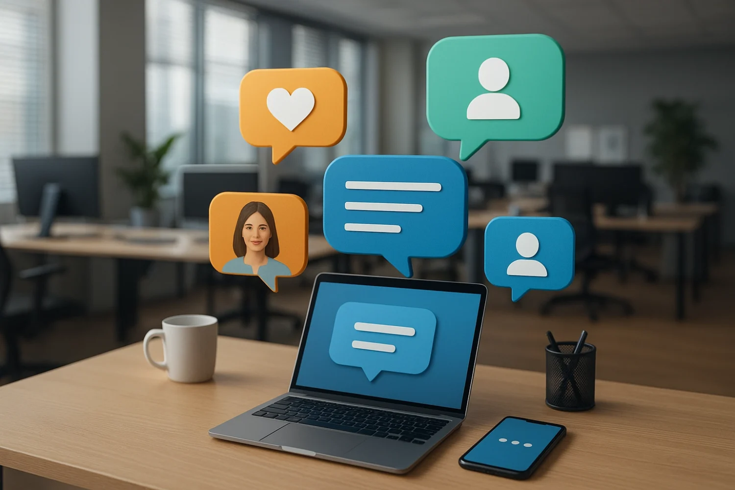 Ein Laptop steht auf einem Schreibtisch in einem hellen Büro. Aus dem Laptop kommen Emojis, Profilbilder und Textfragmente, bildlich als das digitale Gesicht der Arbeitgebermarke.