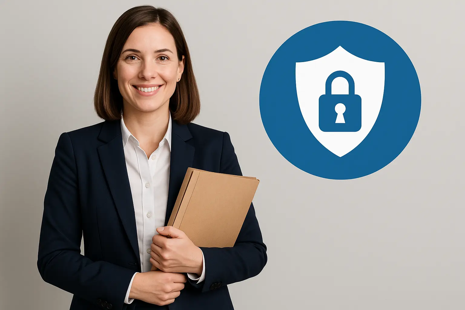 Frau imn schwarzen Blaser, hält eine Aktenmappe, rechts oben blaues Datenschutzsymbol