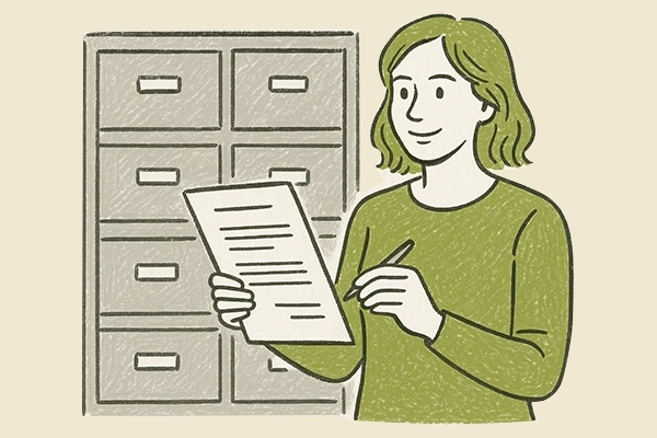 Eine Graphik von einer Frau vor Ordnern, sie hält ein Blatt Papier und einen Kugelschreiber in der Hand.