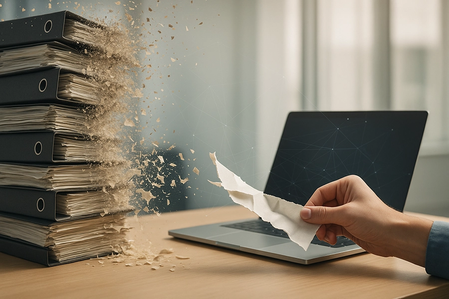 Mehrere Ordner liegen übereinander, die Blätter darin gehen kaputt. Eine Hand hält noch ein Stück Papier fest.