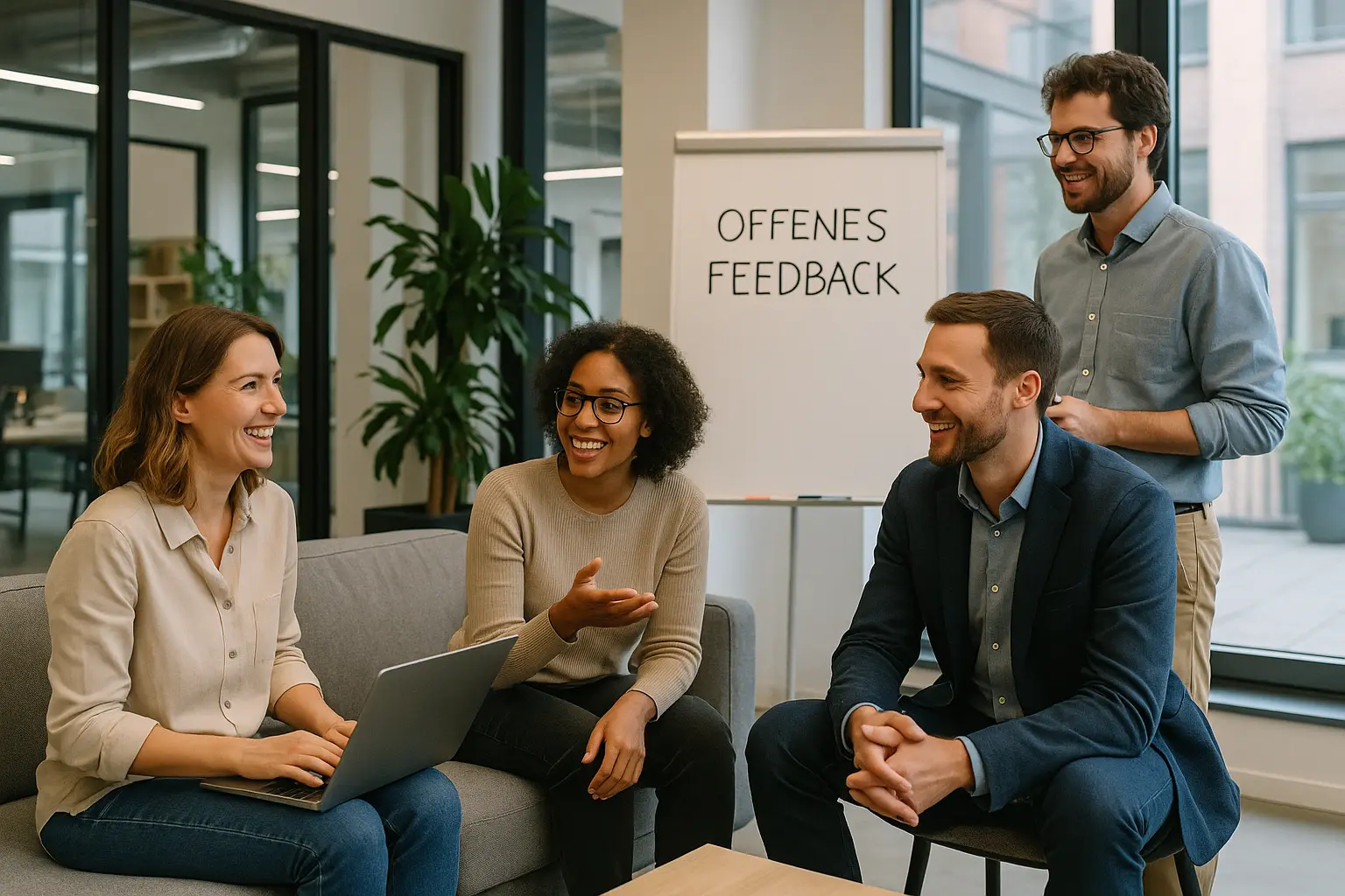 4 Kollegen geben sich Feedback, modernes Büro, lockere Atmosphäre