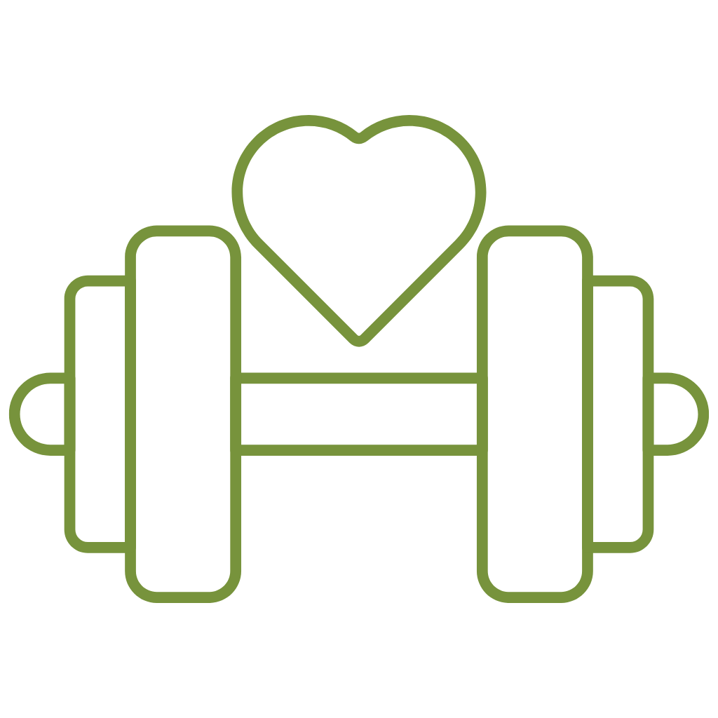 Eine grüne Hantel und ein Herz darüber stehen für Fitness.