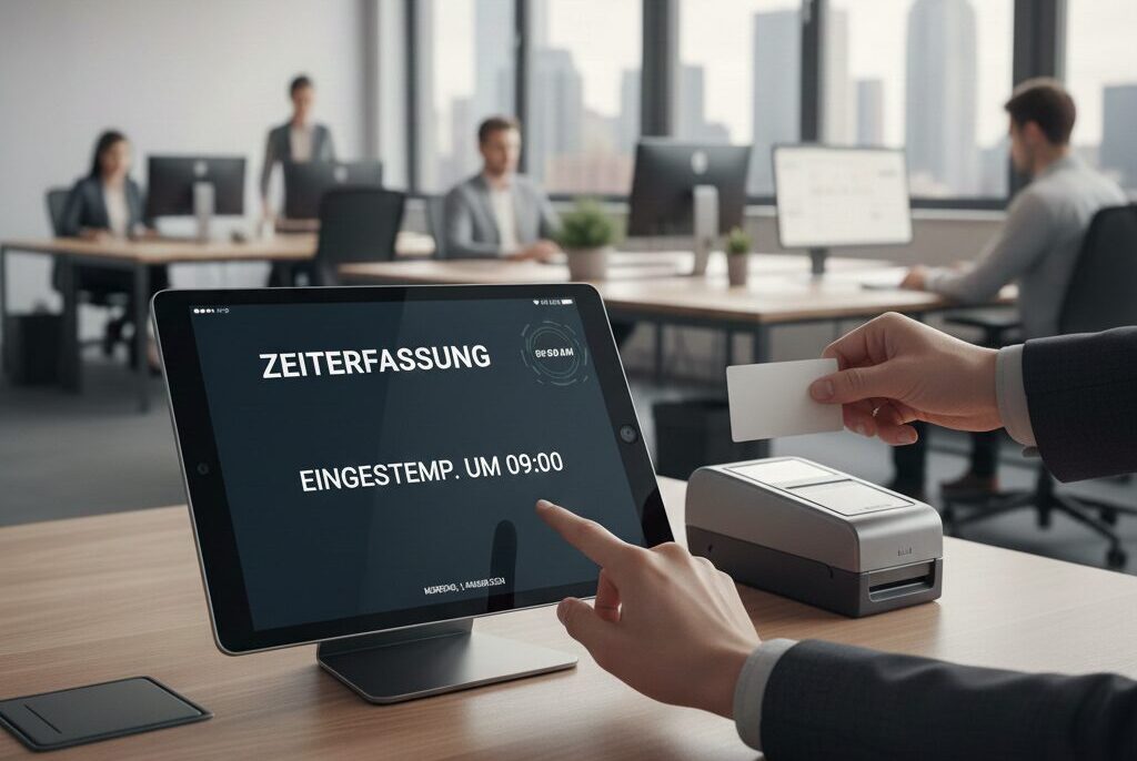 Das Bild zeigt eine Hand die ein Tablet bedient auf dem Zeiterfassung steht. Die Person sitzt im Büro und ihr sitzt in einem vollen Büro.