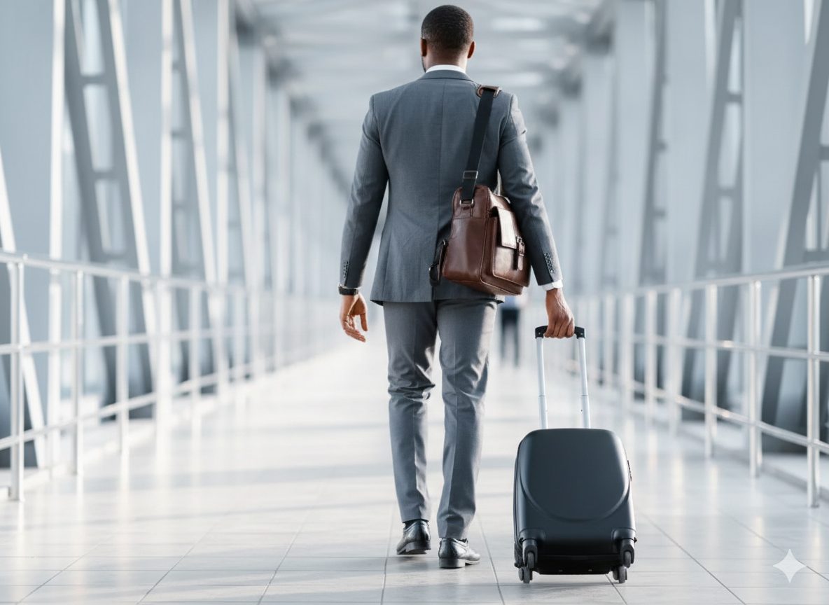 Ein KI-generiertes Bild zeigt einen Mann mit grauem Anzug und einer braunen Ledertasche der mit seinem Koffer durch die Gegend läuft.