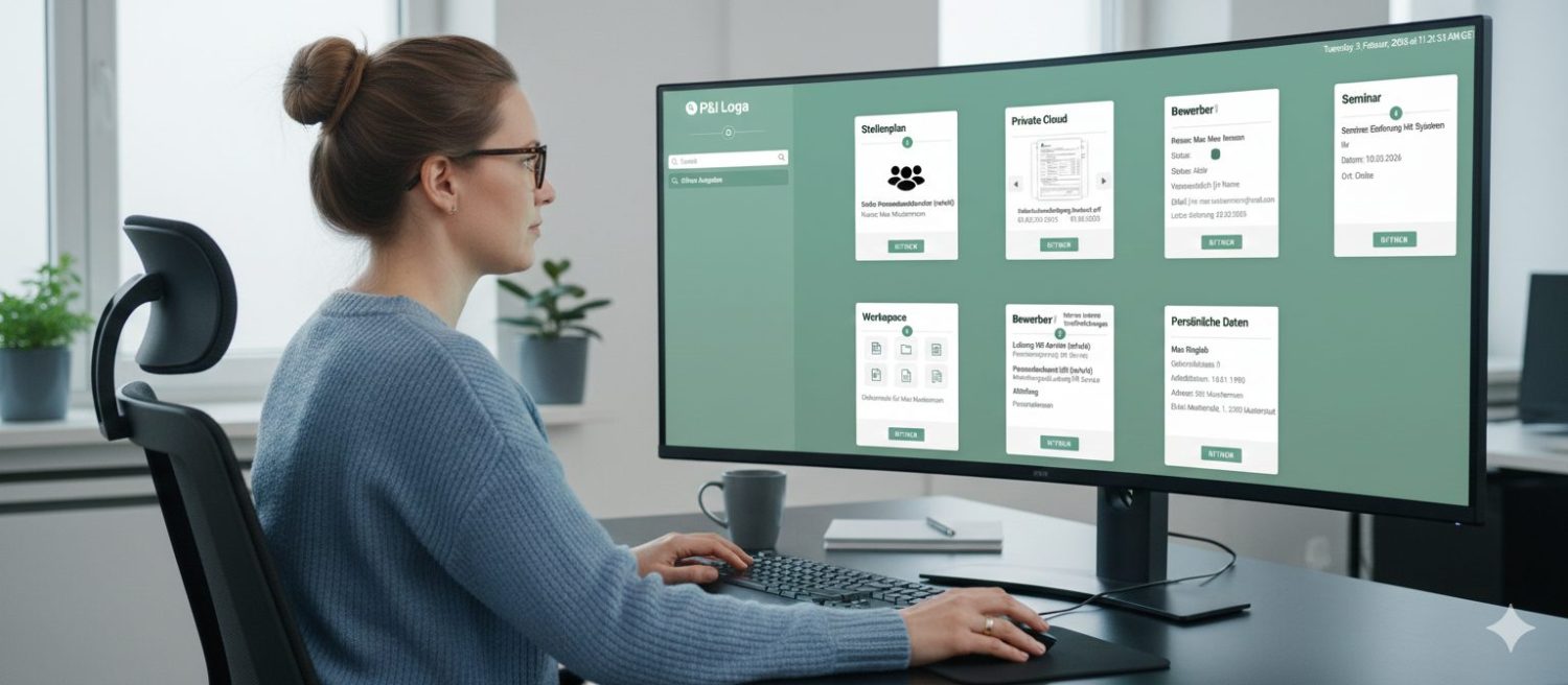 Ein Ki-generiertes Bild zeigt eine Frau vor ihrem PC. Auf ihrem PC sieht man P&I Loga.