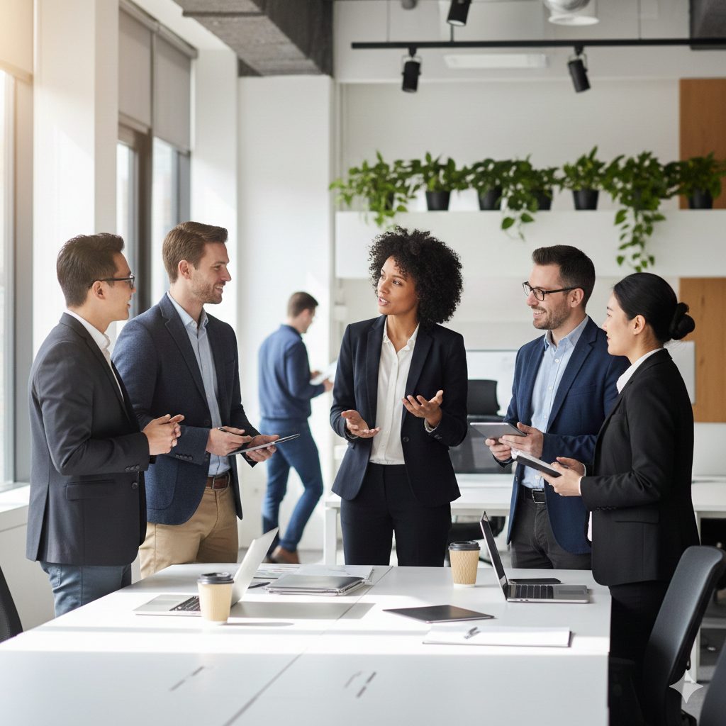 Mehrere Mitarbeiter eines Unternehmens stehen vor einem Tisch und sprechen miteinander.