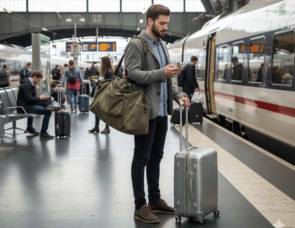 Ein Mann mit grüner Reisetasche und grauen Koffer schaut am Bahnhof auf sein Handy. Er steht vor einem Zug.