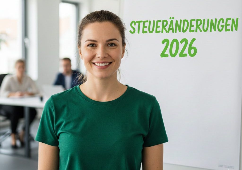 Eine Frau mit dunkelbraunen Haaren und grünem Shirt steht vor einer weißen Wand auf der Steueränderungen 2026 zu sehen ist.