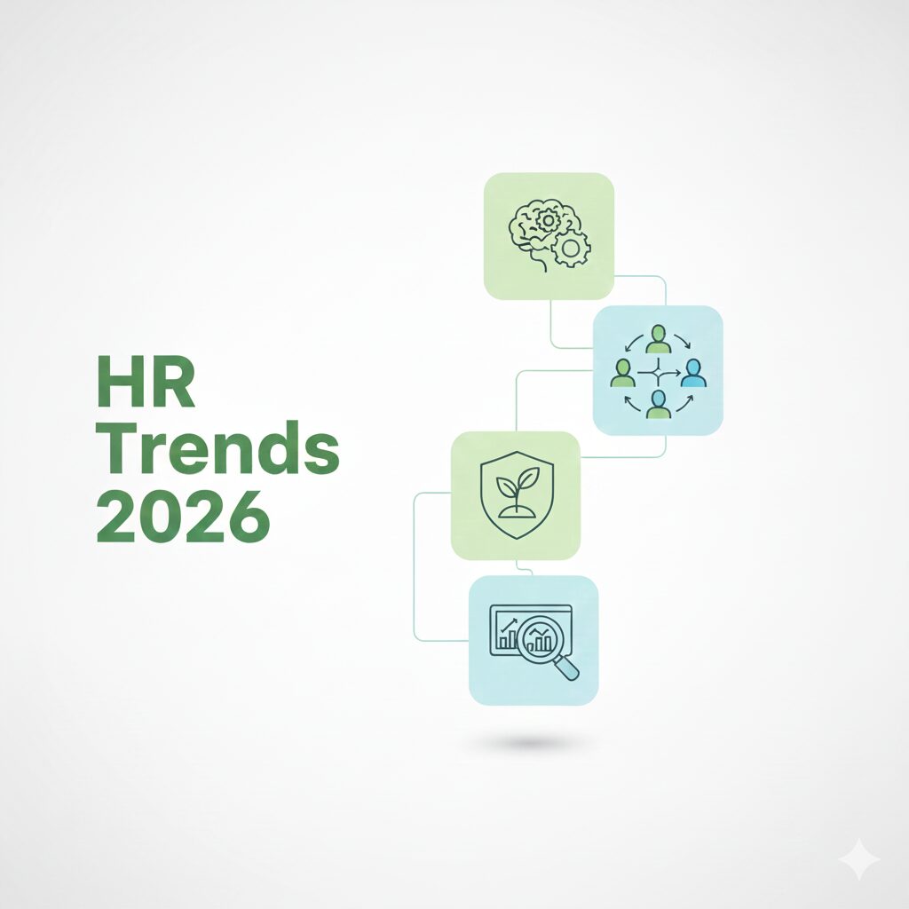 Ein KI-generiertes Bild zeigt die HR-Trends 2026 auf bestehend aus Nachhaltigkeit, Personen und Graphen.