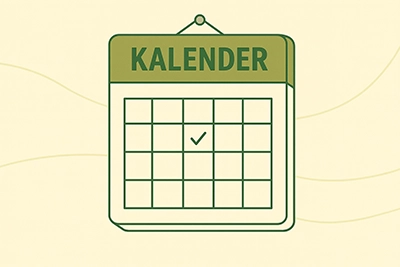 Ein beiger Hintergrund darauf ein Kalender, in der Mitte des Kalenders ist ein Haken.