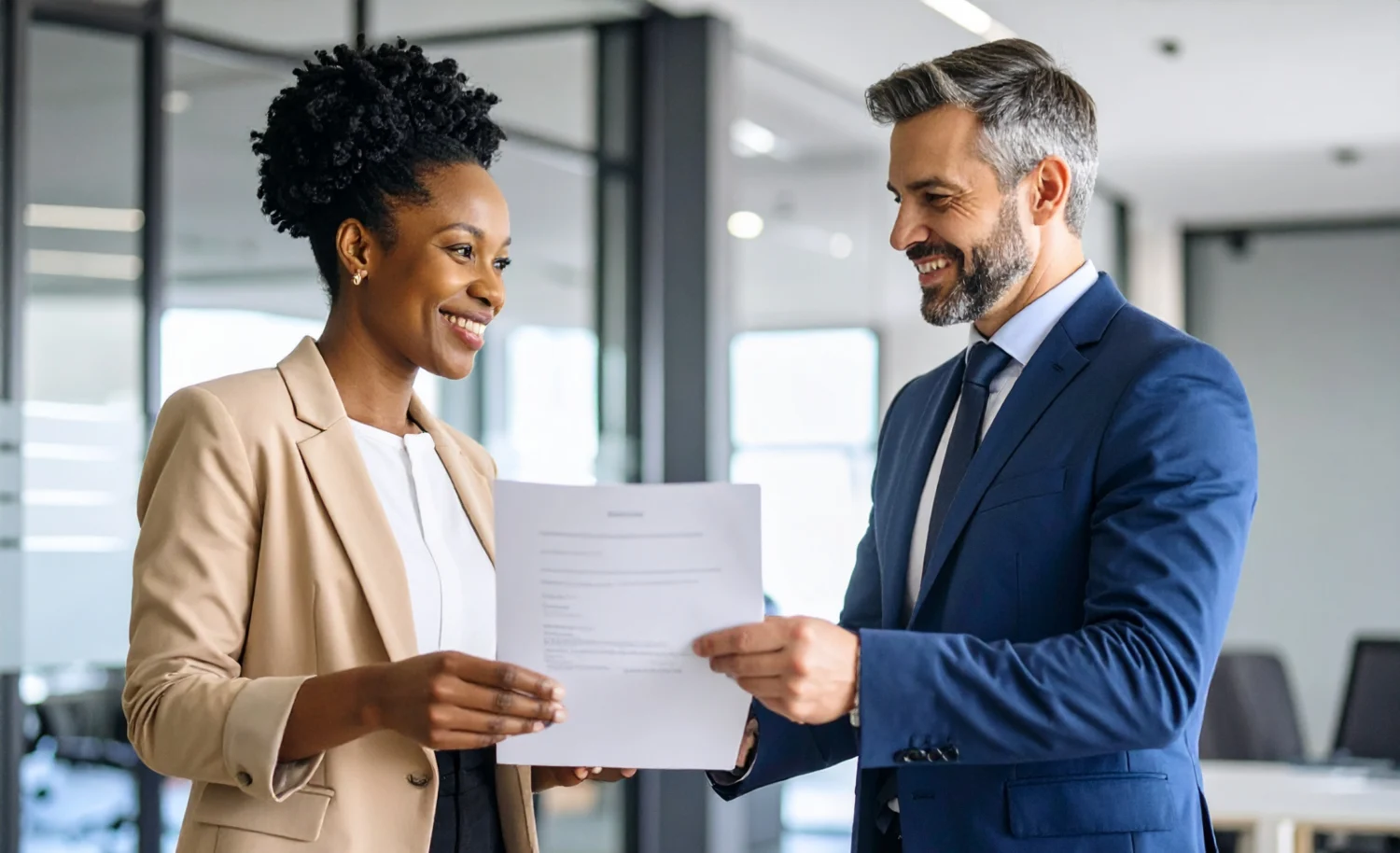 Eine Frau im hellen Blazer und ein Mann im blauen Anzug schauen sich auf einem Dokument den Code of Conduct an.