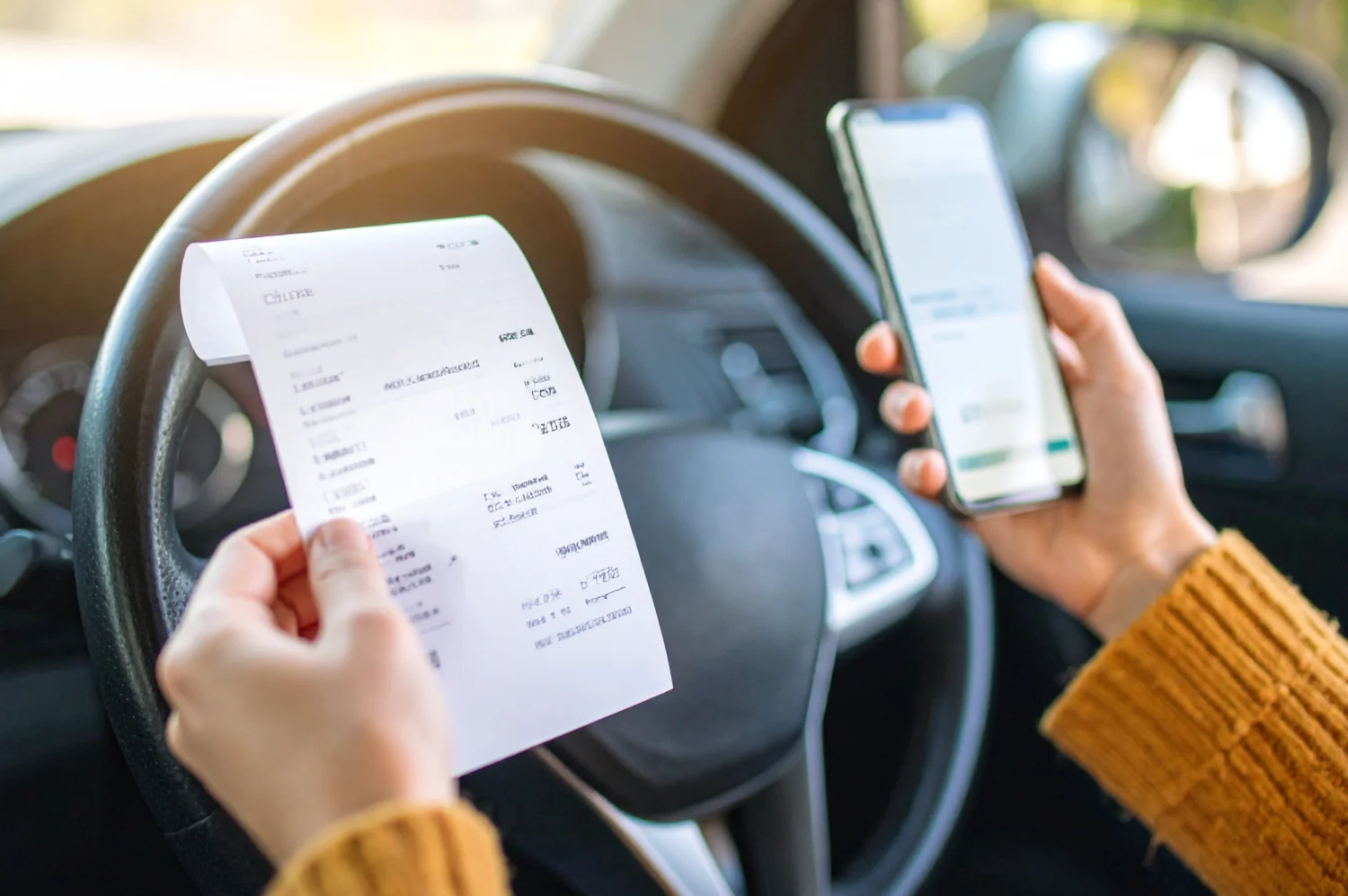 Eine Frau hält im Auto einen Beleg und ihr Handy in der Hand um Reisekosten direkt in die App für die Abrechnung zu scannen.