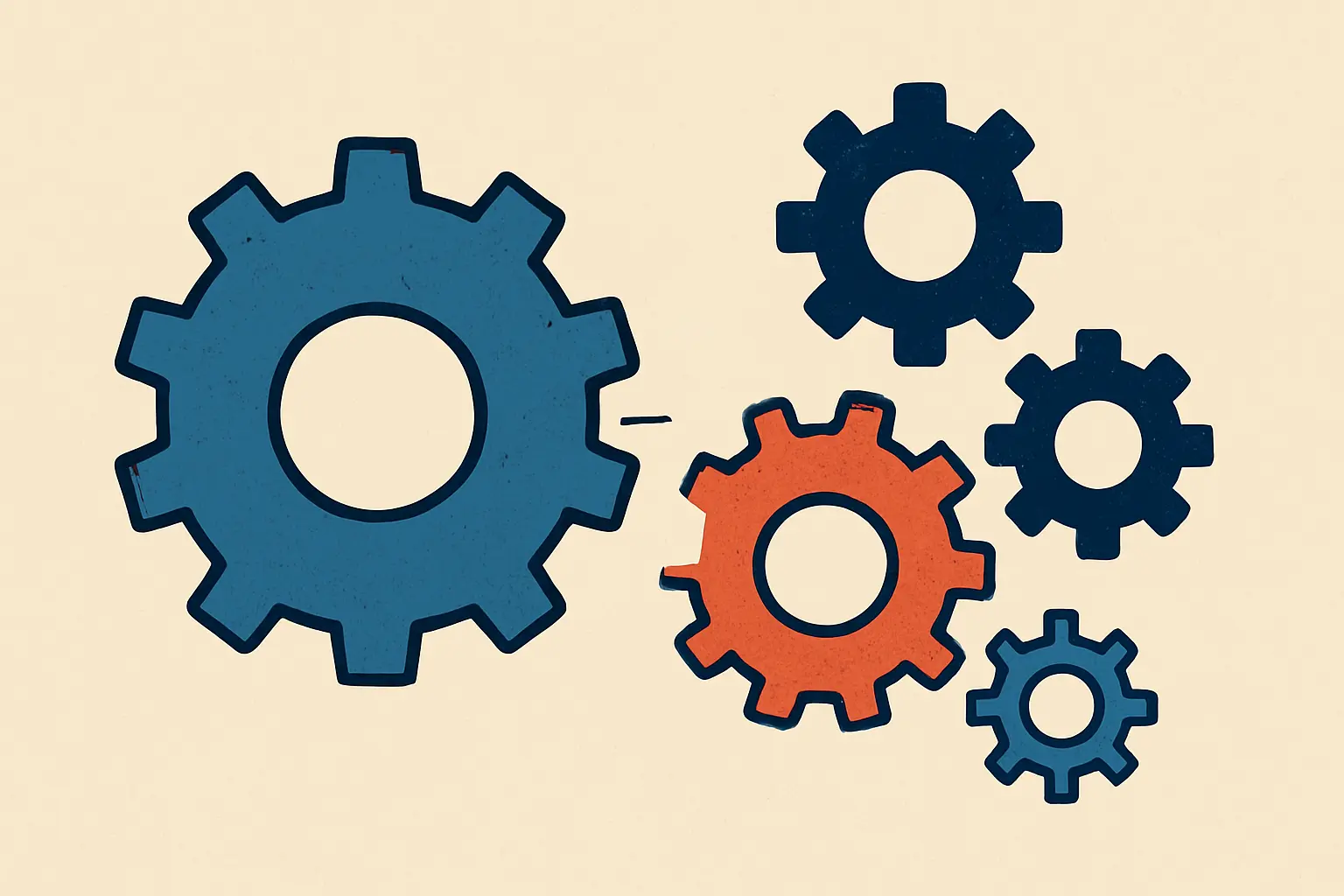 Ein großes hellblaues Zahnrad und ein kleines hellblaues, sowie zwei dunkelblaue und rotes Zahnrad.