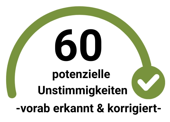 60 potenzielle Unstimmigkeiten als Schriftzug über dem ein grüner Bogen ist und am Ende des Bogens ist ein Haken.