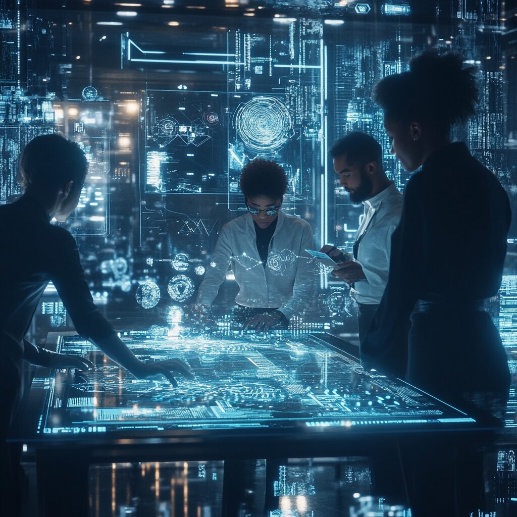 KI-generiertes Bild, das Mitarbeiter in der Arbeitswelt der Zukunft beim Datenanalysieren zeigt.