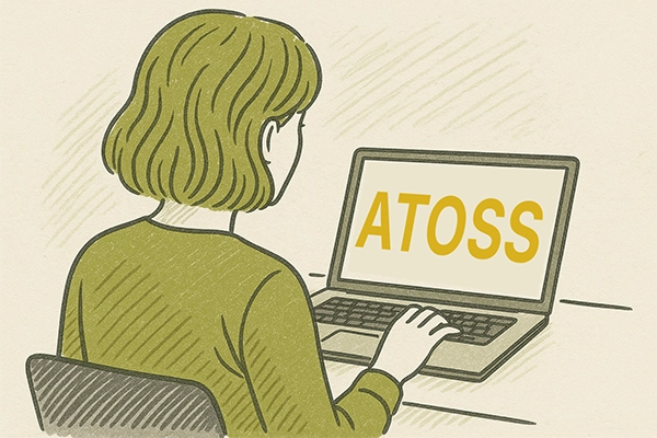 Eine Graphik von einer Frau vor ihrem Laptop, sie hat ATOSS offen.