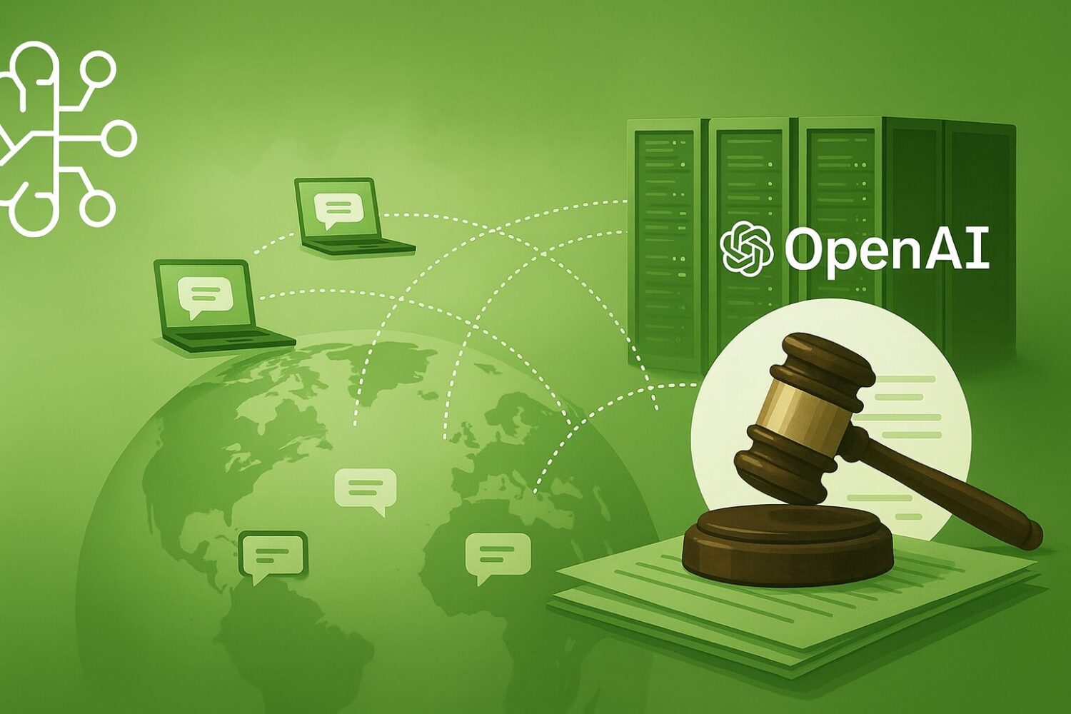 OpenAI ist rechts dargestellt darunter ein Richterhammer. Links ist eine Weltkugel und drum herum sind Laptops abgebildet.