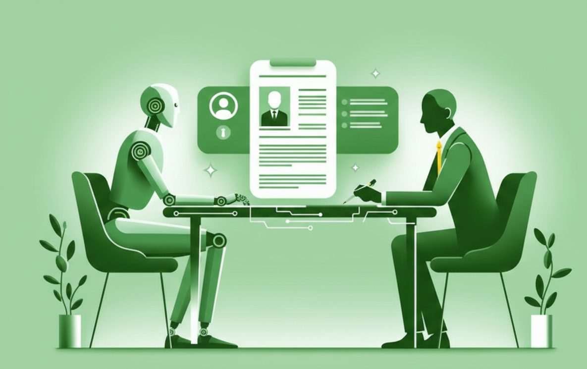Eine KI-generierte Graphik zeigt wie eine Person einer KI im Bewerbungsgespräch gegenüber sitzt.