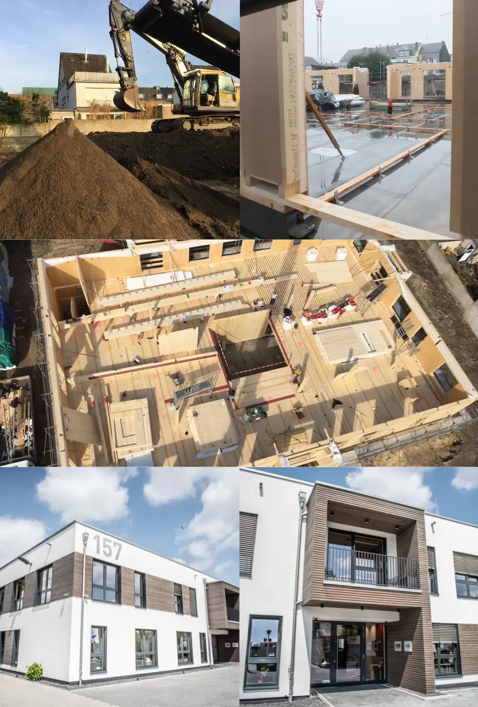 Drei Bilder, die die Errichtung des neuen Standorts zeigen vom ausbaggern über den Grundriss bis hin zum fertigen modernen Gebäude.