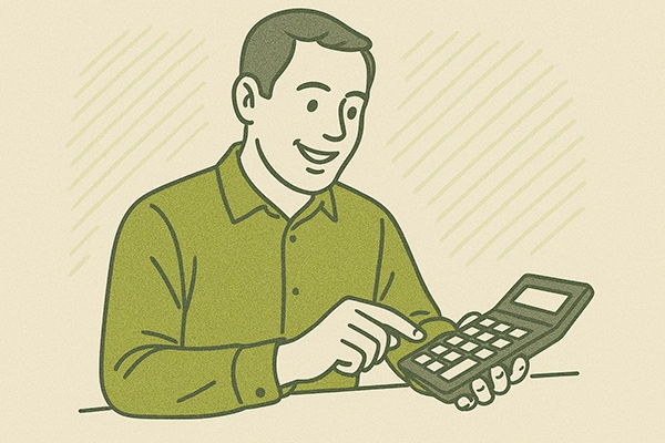 Eine Zeichnung in grün von einem Mann, der etwas auf seinem Taschenrechner eingibt.