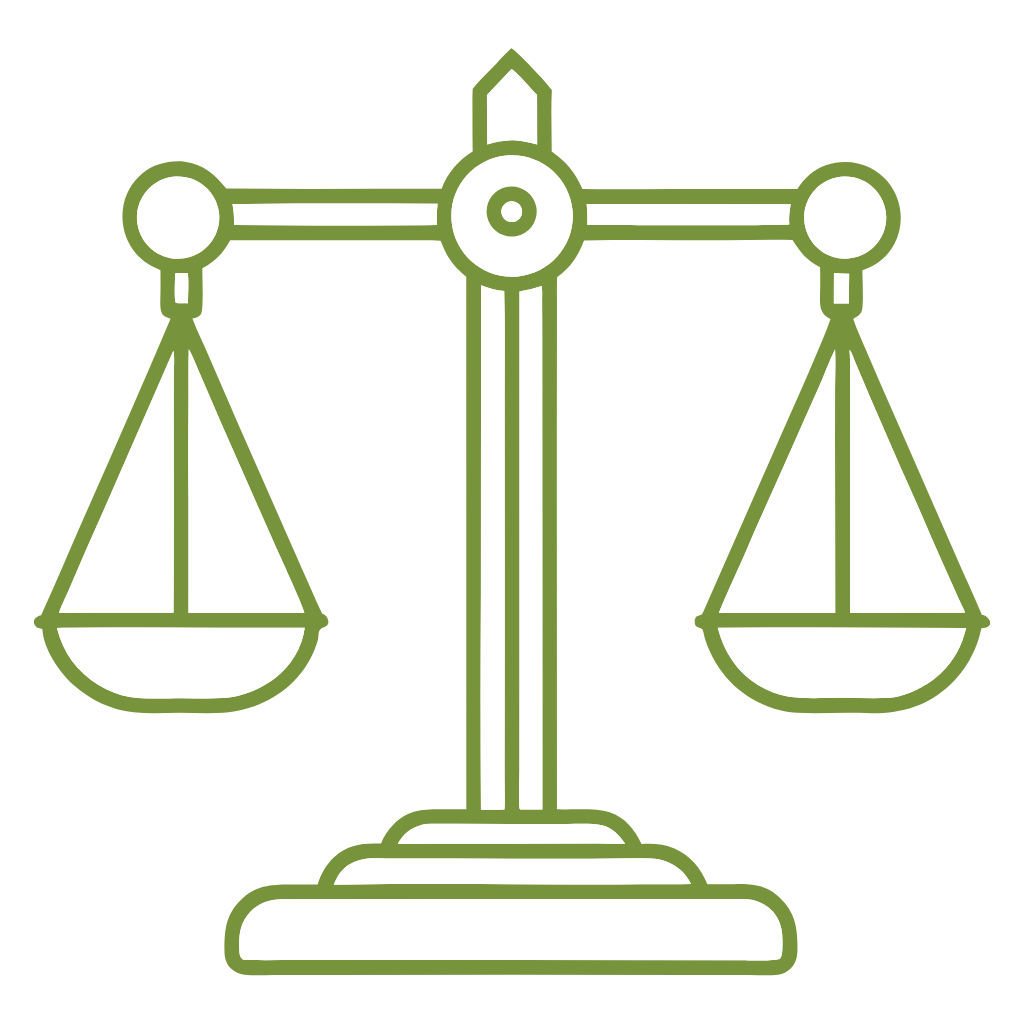 Eine grünes Icon soll Recht symbolisieren und zeigt eine Waage.