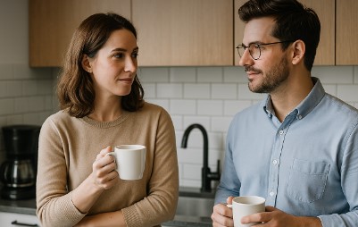 Zwei Mitarbeiter unterhalten sich.