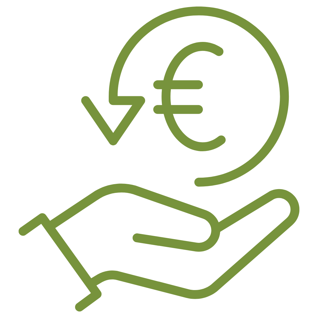 Eine grünes Icon zeigt eine Hand in der das Geld wieder zurück geht.