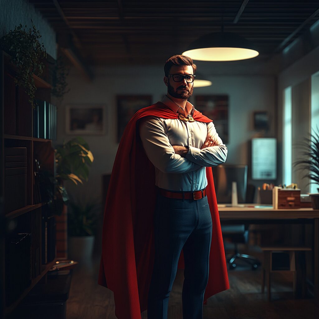 Ein Mitarbeiter im Büro, welcher einen Superheldenumhang an hat.