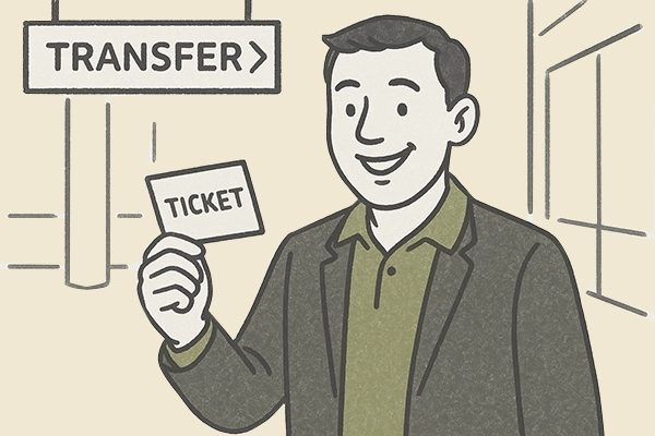 Eine Graphik von einem Mann mit einem Ticket in der Hand.