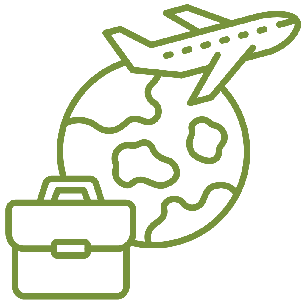 Ein Icon in grün zeigt eine Reisetasche, ein Flugzug und eine Weltkugel.