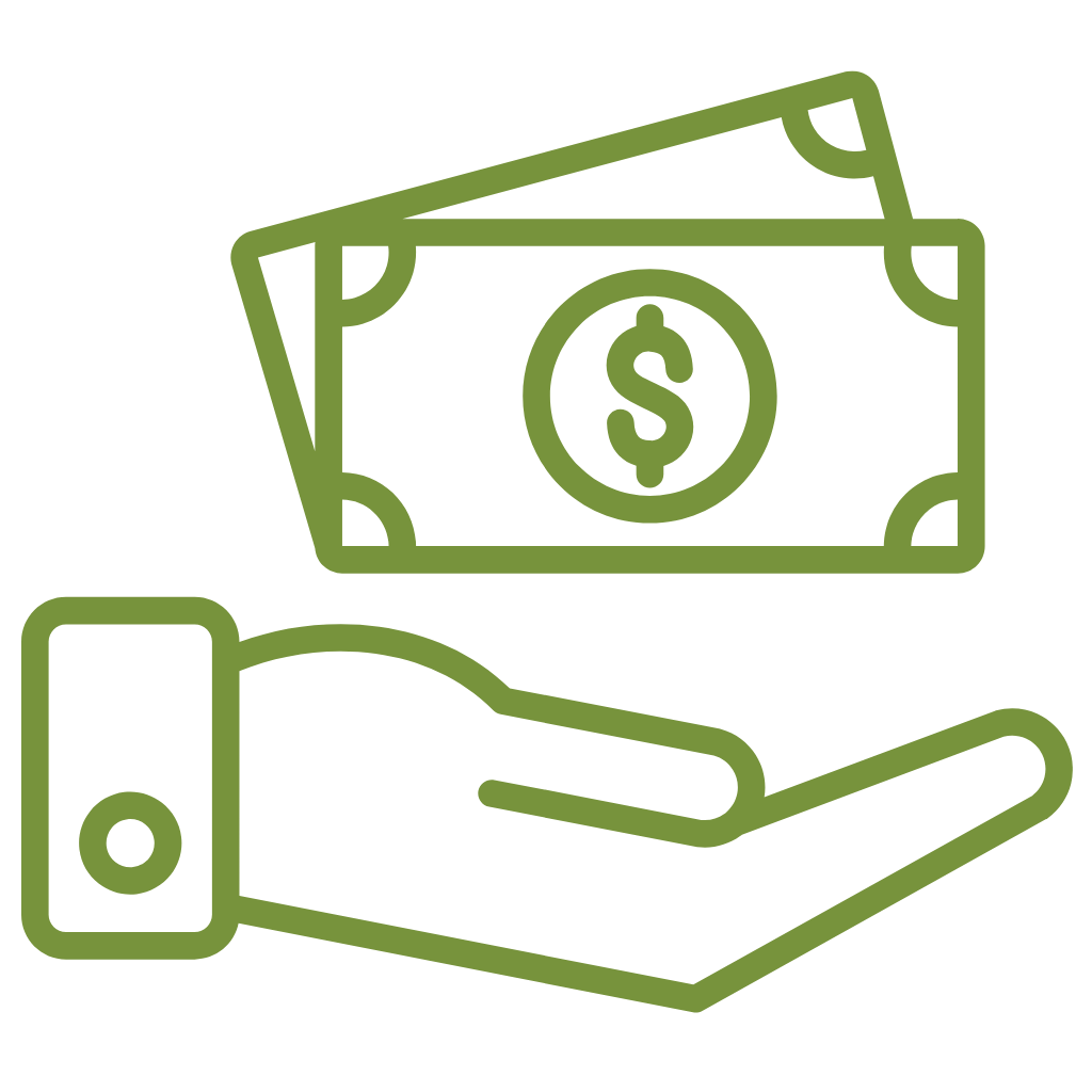 Ein grünes Icon zeigt eine Hand und darauf sind zwei Dollar Scheine.