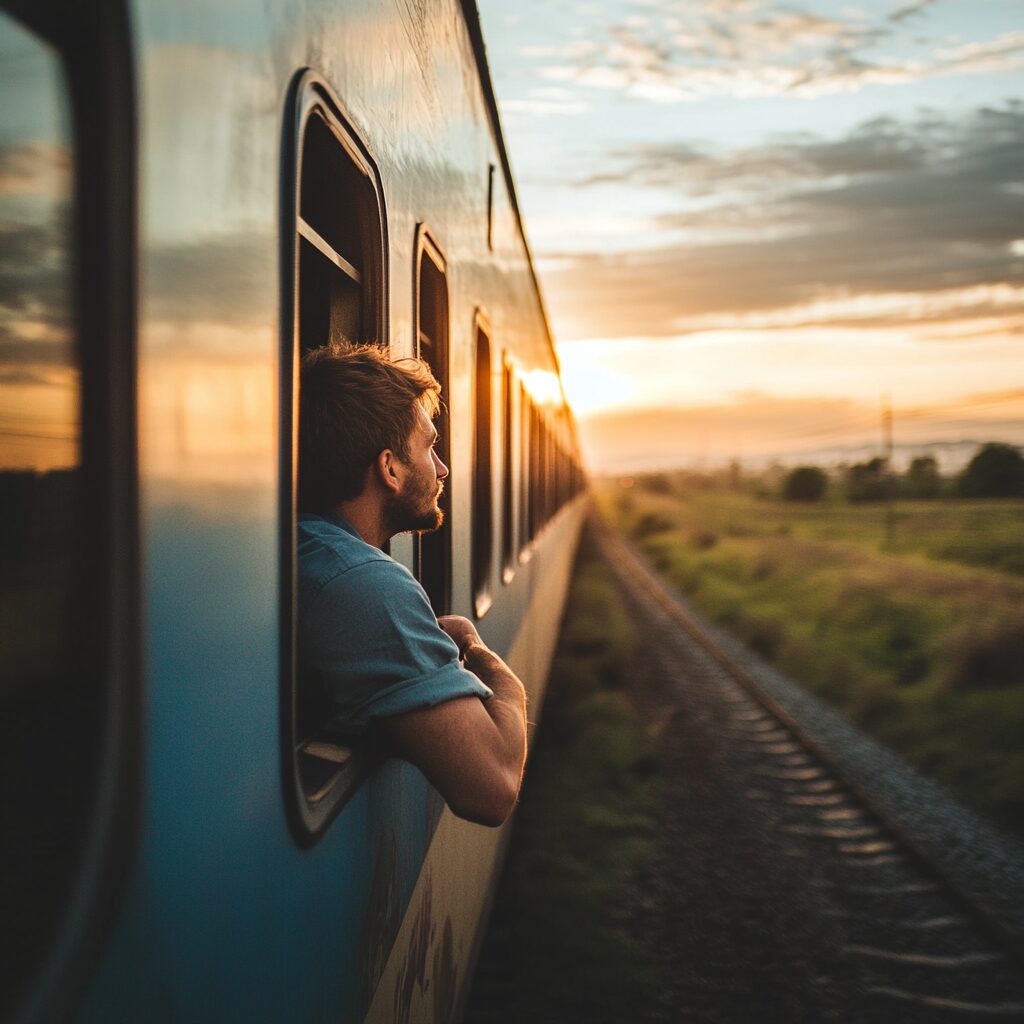 Ein Mann schaut aus dem fahrenden Zug währenddessen geht die Sonne unter.