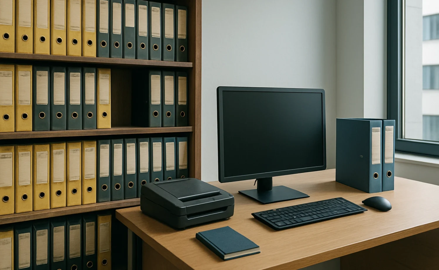 Ein Schreibtisch mit Computer, Scanner und Ordnern steht vor einer Ordnerwand mit Personalakten.