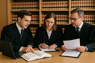 Drei Richter schauen gemeinsam auf ein Buch, im Hintergrund sind Bücher im Bücherregal.