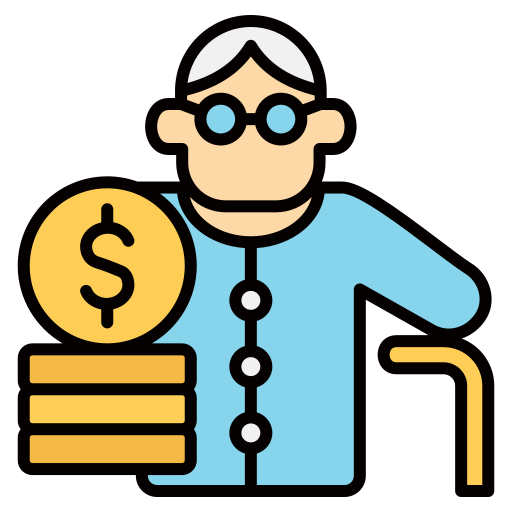 Zeichnung einer älteren Dame mit blauem Oberteil und Gehstock auf der rechten Seite und Geld auf der linken Seite.