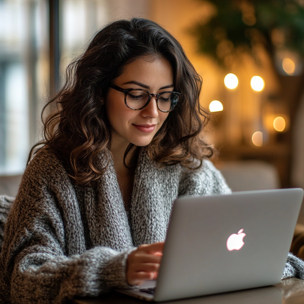 KI-generiertes Bild, das Frau bei Bewerbungsprozess vor ihrem Macbook zeigt.